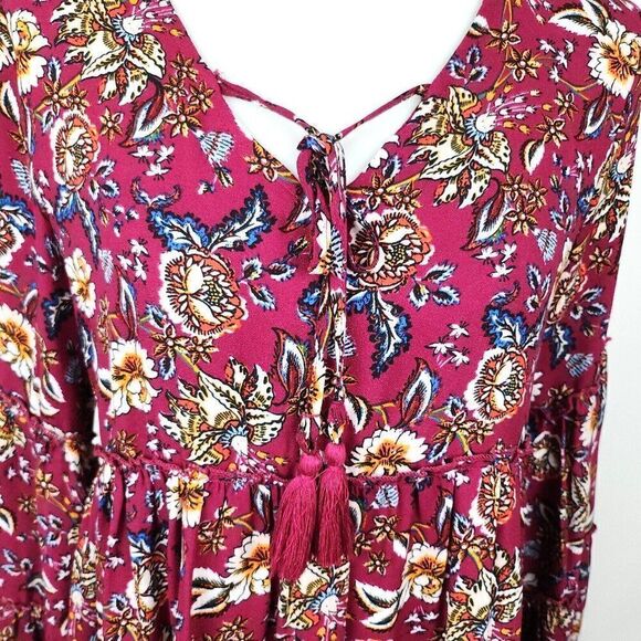 Altar'd State Magenta Floral Puff Sleeve Open Back Tie Front Peasant Dress S - Picture 3 of 7